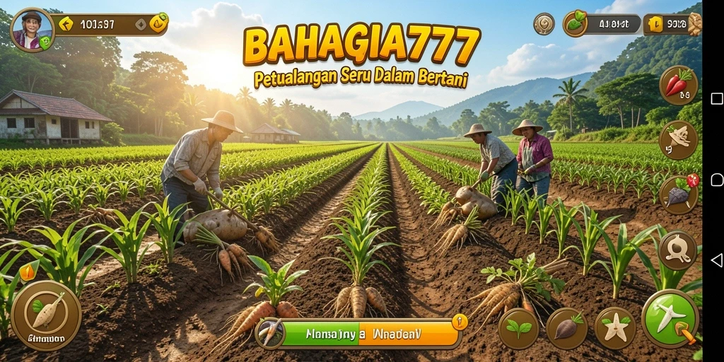 Tampilan gameplay <strong>BAHAGIA777</strong> yang penuh warna dan seru dalam bertani.
