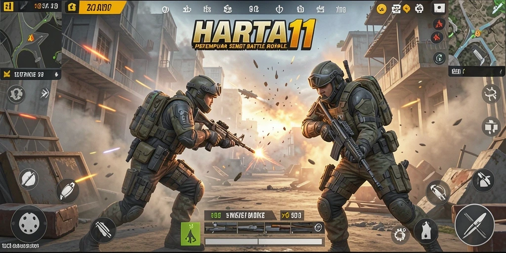 Screenshot HARTA11 menampilkan aksi pertempuran yang intens dan grafis menawan.