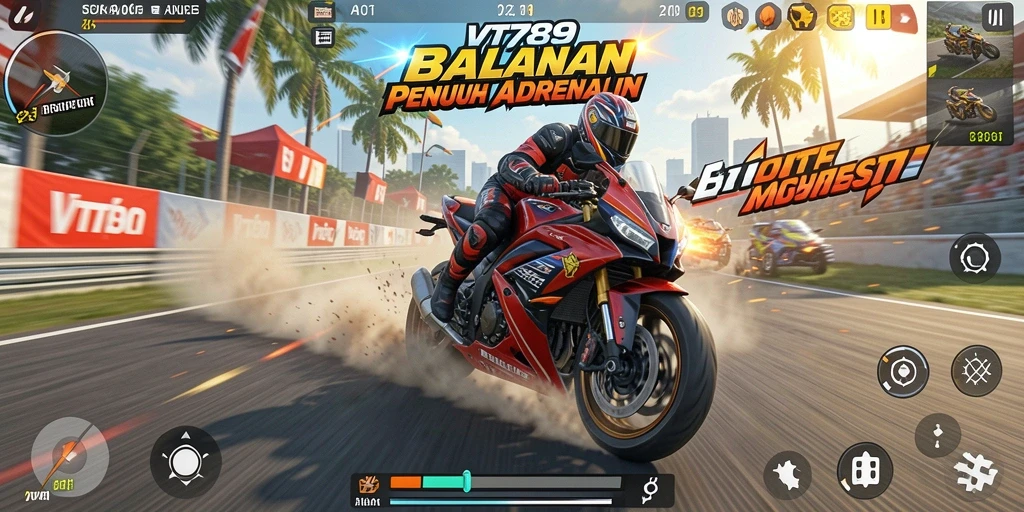 Screenshot utama VT789 menampilkan aksi balapan motor yang mendebarkan.