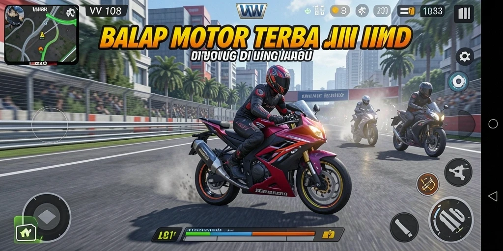 Screenshot gameplay VW108 yang menunjukkan balapan seru di trek yang menantang.